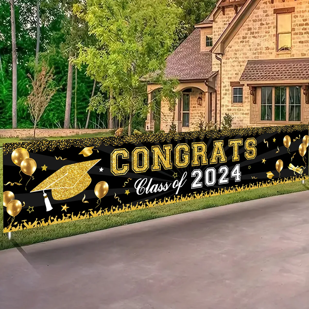 Graduation Decoration 2024 Outdoor Hanging Banner Congrats Grad Class of 2024 Party Photography Background Backdrop Supplies