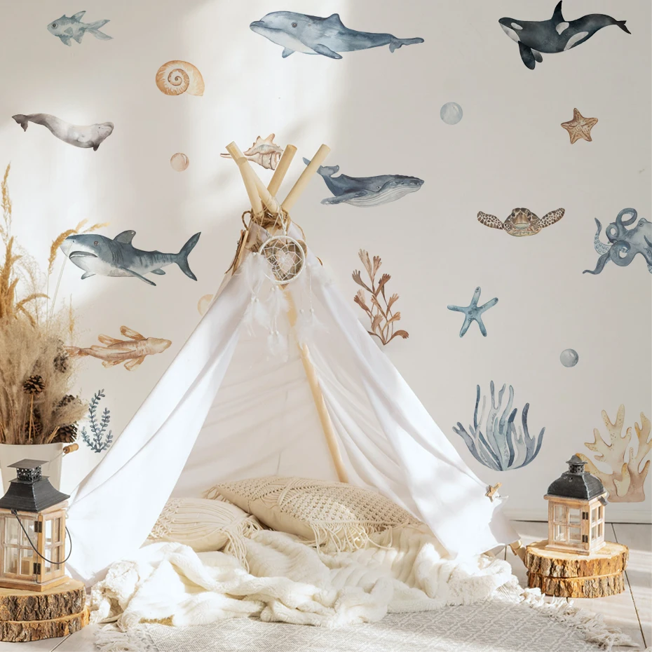 Watercolor Cartoon Sharks Wall Decals Ocean Animal Wall Sticker Under The Sea Marine Life Theme Decals Nursery Kids Room Decor wall stickers luminous wall stickers vinyl decal stickers