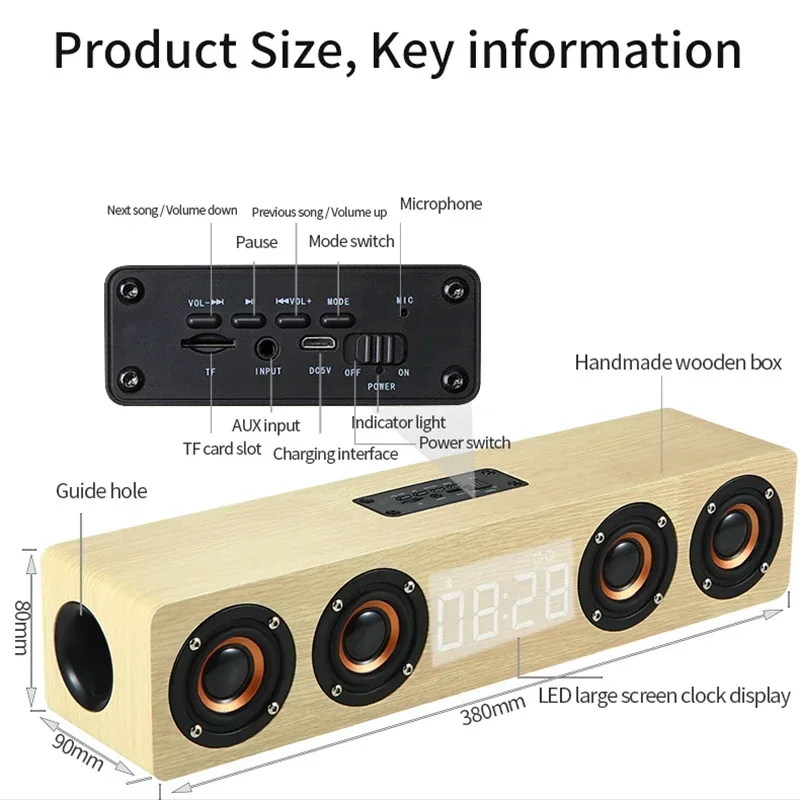 HIFI 음악 센터 TV 사운드 바 에코 벽 휴대용 나무 블루투스 스피커, 무선 사운드 칼럼 FM AUX, 4 스피커