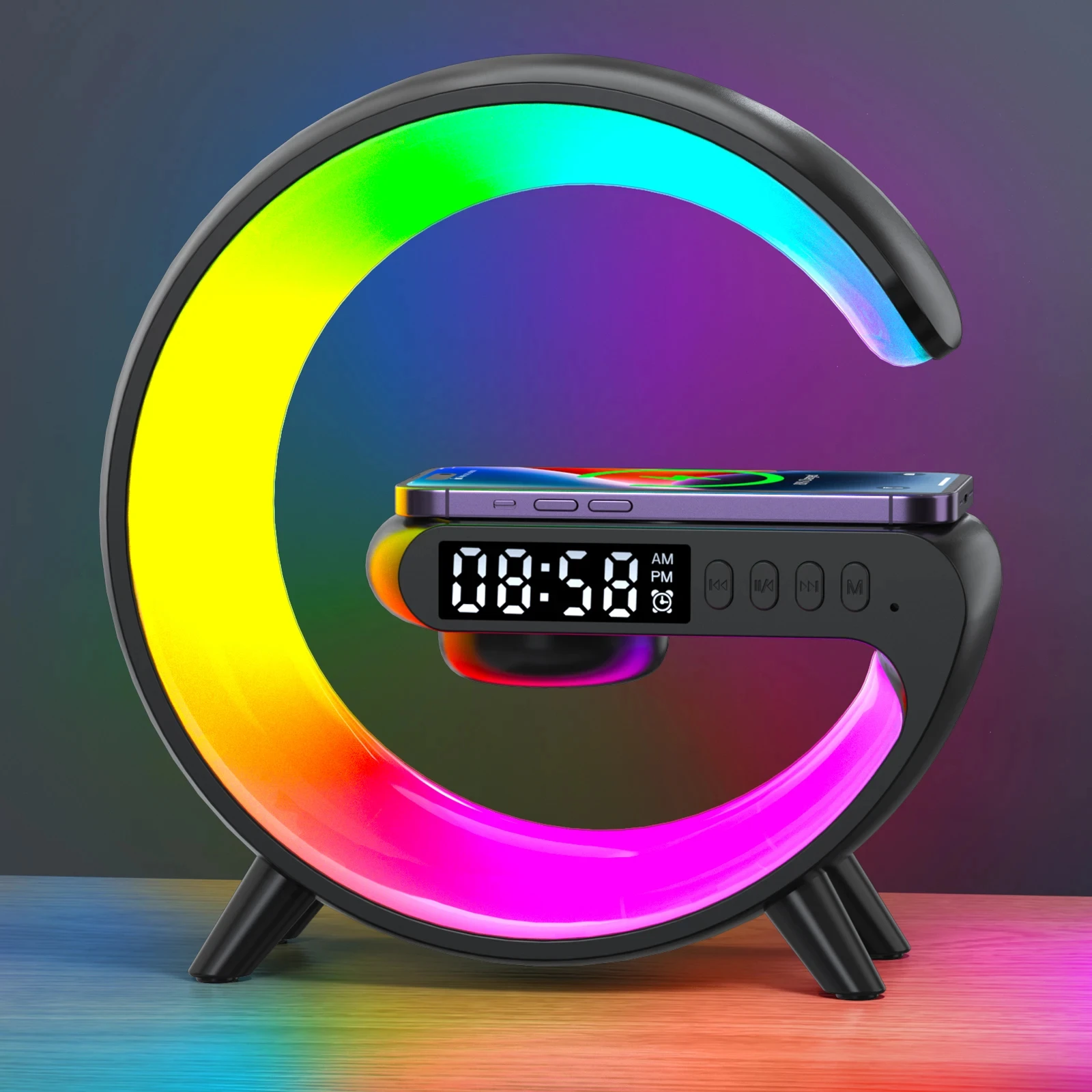 RGB 야간 조명 램프 다기능 알람 시계 TF 블루투스 스피커, 15W 무선 충전기 스테이션 패드, 아이폰 15 14 13 12 11