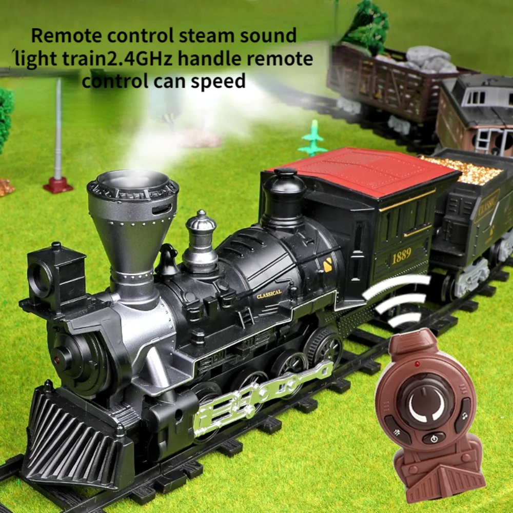 Electric Train Toy Remote Control Smoking Locomotive Rails Assemble DIY Tracks Set Children