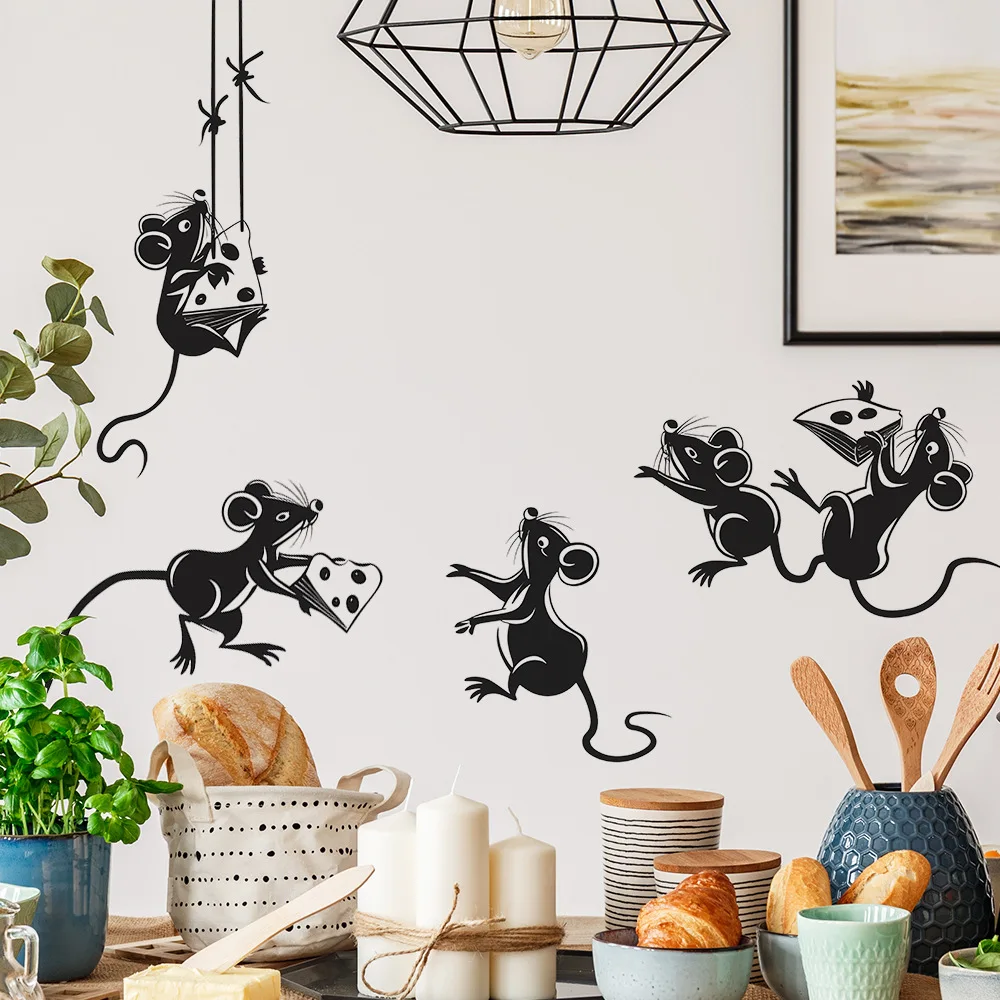 Cartoon Mouse Stealing Cheese Wall Stickers For Kitchen Restaurant Decoration Mural Room Cabinet Home Decor Self-adhesive Decals wall stickers,self adhesive stickers,kitchen wall sticker