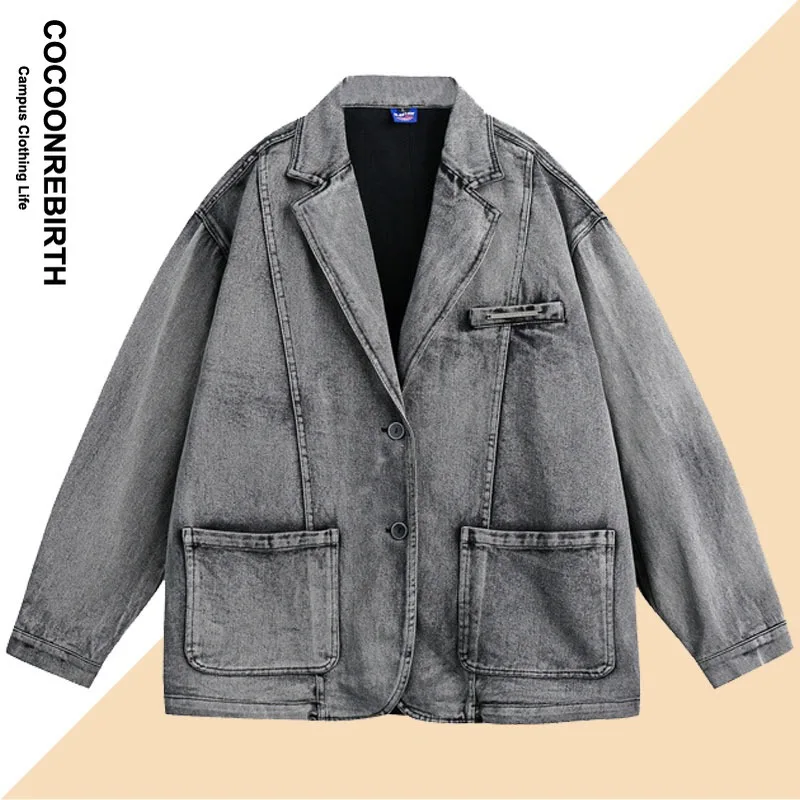 

Autumn American Vintage Blazer Denim Jacket Men Women Pocket Design Solid Color Cowboy Jacket Unisex Street Loose Outwear