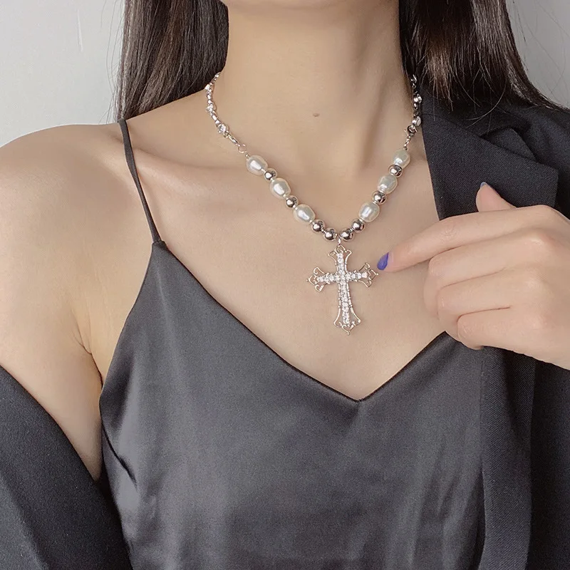 【BLACKPURPLE】HALFRIBO PEARL CROSS PENDANT NECKLACE 2023 Trendy Pearl Cross Pendant Necklace Hip Hop Retro Men