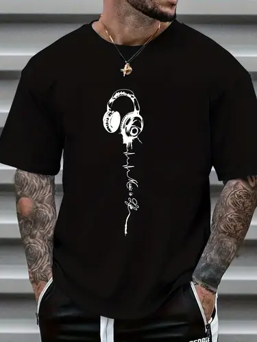 Men's summer earphones with letter print, breathable and comfortable round neck T-shirt, outdoor sports and leisure top - Image 2
