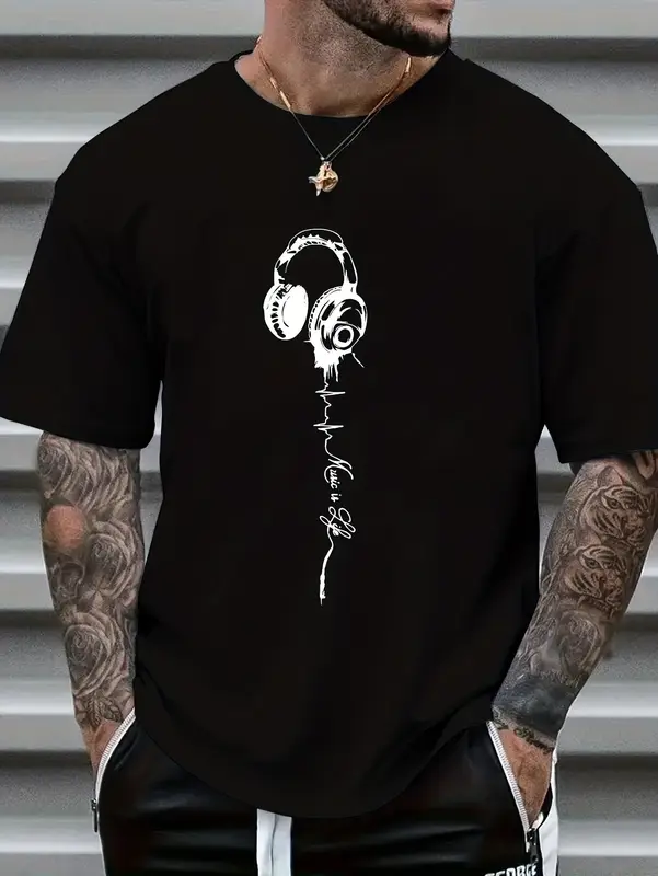 Men's summer earphones with letter print, breathable and comfortable round neck T-shirt, outdoor sports and leisure top - Image 2