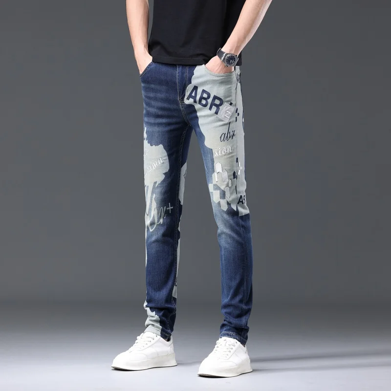 Color Matching Printed Jeans Men's Trend Fashion Street Quality Men's Personalized Embroidery Slim-Fit Stretch Trousers