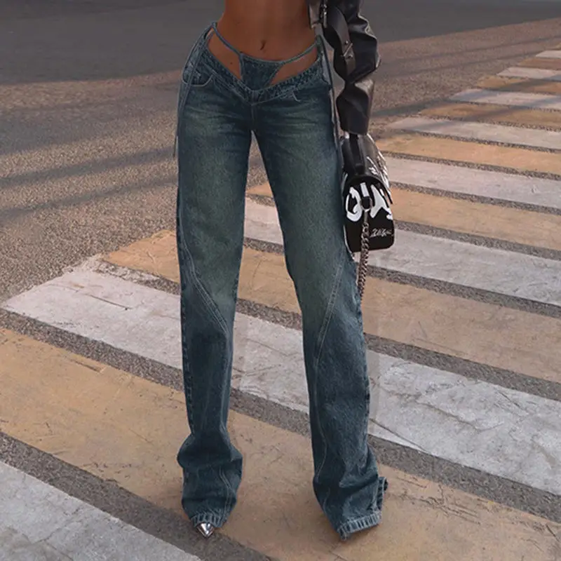 Jeans V Waist Lace Up Unique Splicing Fashionable Loose Denim Pants Streetwear Sexy Hot Girl Fashion Women Trousers