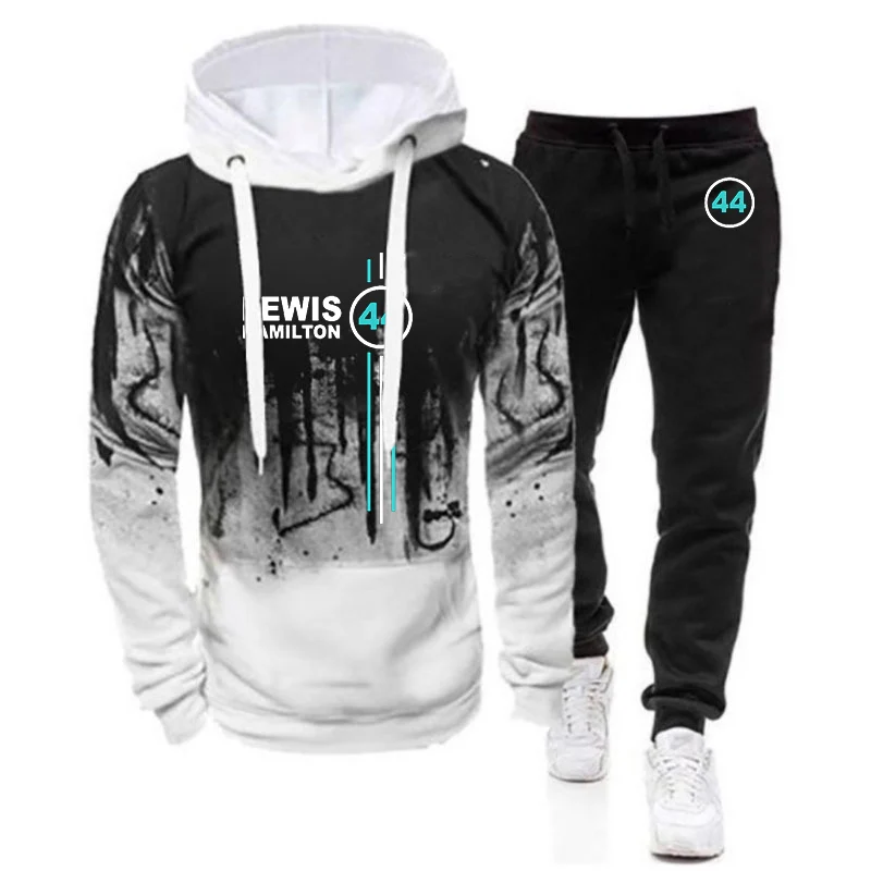 

F1 Driver Lewis Hamilton Digital 44 2023 Men's New Tracksuits Gradient Color Hooded Hoodie + Casual Print Sweatpant Leisure Suit