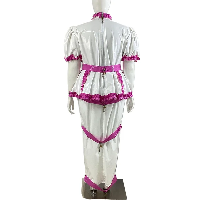 Wetlook PVC Puff Sleeve Long Hobble Dress with Lock 4