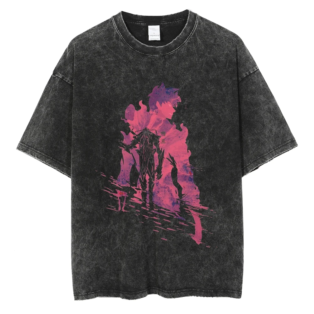 Männer Frauen Vintage Gewaschene Baumwolle T Shirt Streetwear Anime Solo Nivellierung Grafik Drucken Tops Harajuku Lose Kurzarm T-shirts – Detail 6