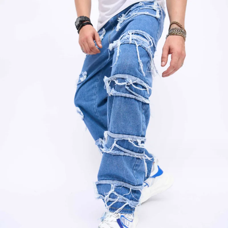 Men's Casual jeans Tassel Jeans Denim Vintage Patchwork hiphop Straight Pants Bleached Washed Fashional Middle Weight