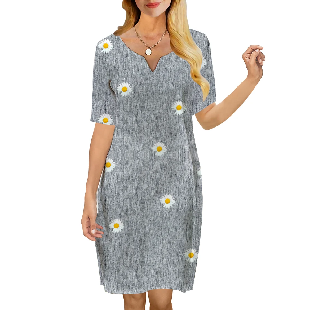 

CLOOCL Women Dress Beautiful Daisy 3D Printed V-Neck Loose Casual Short Sleeve Shift Dress for Female Dresses Gray Dress