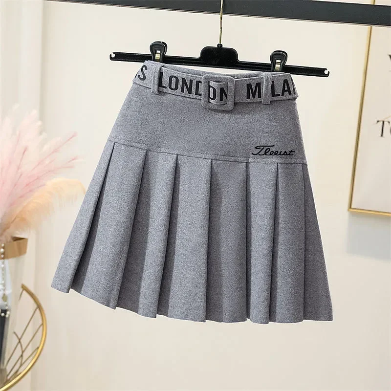 Autumn and Winter Women's Golf Clothing Thick High Waist Pleated Wool Golf Skirt LuxuryBrand GolfClothing Women's Free OriginalBelt sports skirt