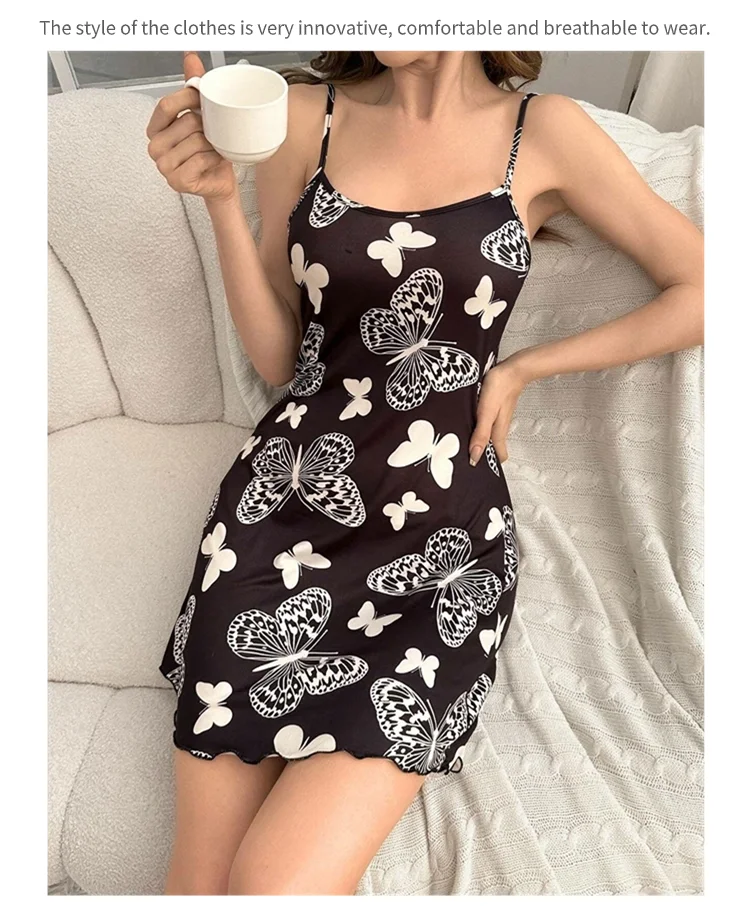 Women's Nightdress Nightgown Summer Sleeveless Night Dress Butterfly Print Cami Sleepwear Soft Comfortable Lounge Wear Nightwear