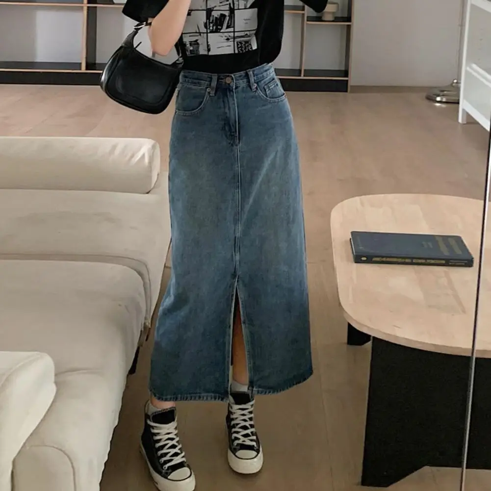 

Distressed Denim Skirt Vintage High Waist Denim Midi Skirt with Front Slit Pockets Retro Button-zipper Closure Washed for Women