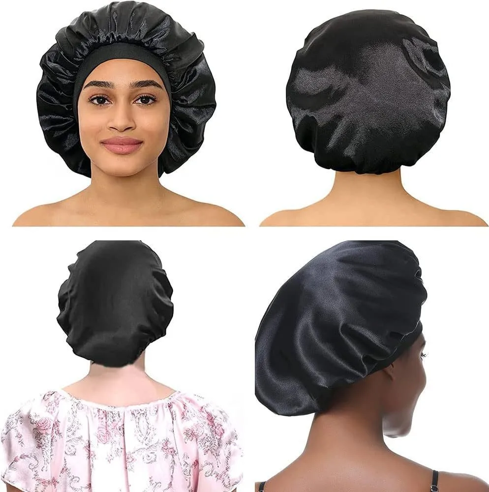 Women Satin Bonnet Hair Bonnet for Sleeping Hair Care Silk Bonnets Solid Wide-brimmed Sleeping Hat with Elastic Soft Band 3