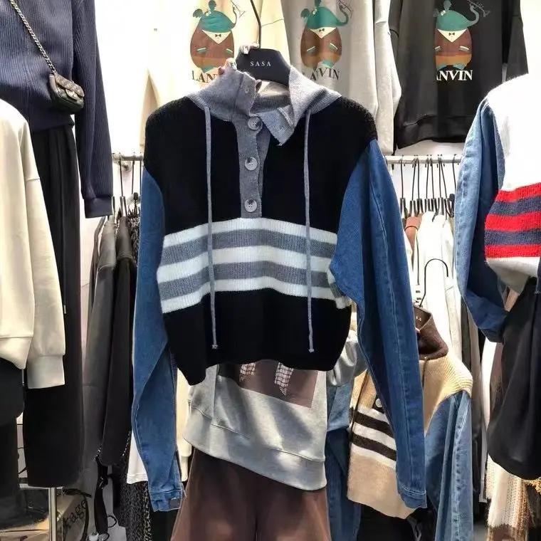 2022 autumn and winter new denim sleeve patchwork horizontal stripe minority knit women's loose design sweater  winter clothes
