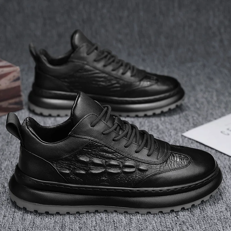 Men Faux Cowhide Crocodile Print Sneakers Casual Leather Shoes Men's Versatile Thick Soled Wear Resistant Shoes Men's Work shoes 5