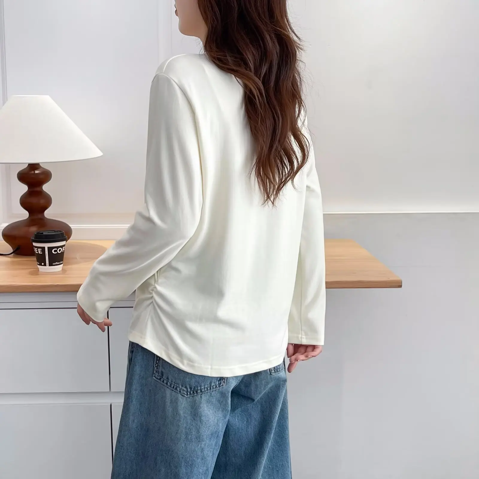 Fashion Plus Size Women's T-Shirt Autumn New Simple Basic Solid Color Waist Fold Long Sleeve Tops 992