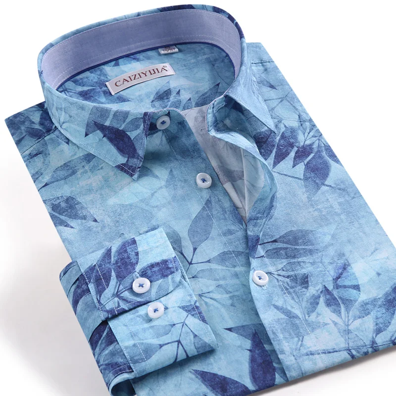 

Рубашка мужская с цветочным принтом, хлопок, длинный рукав, приталенный силуэт, квадратный воротник, Повседневная модная мягкая с принтом, для отдыха