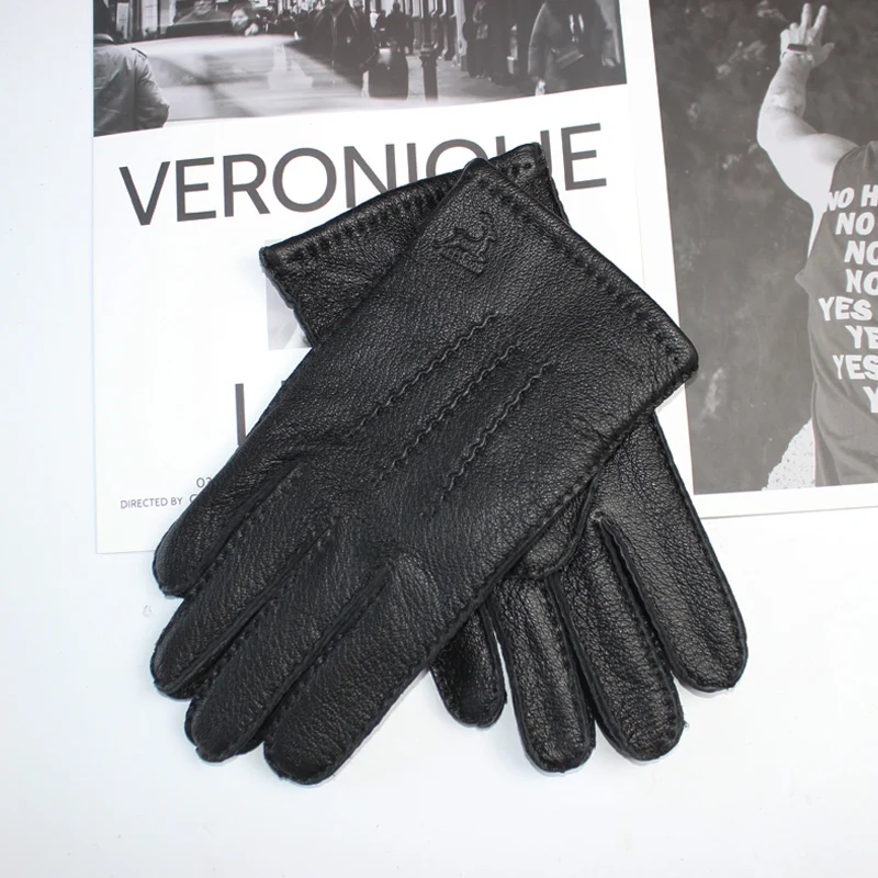 New Men\'s Deerskin Gloves Touch Screen Hand Sewn Classic Fashion Corrugated Breathable Wool Knit Lining Warm Driving Gloves