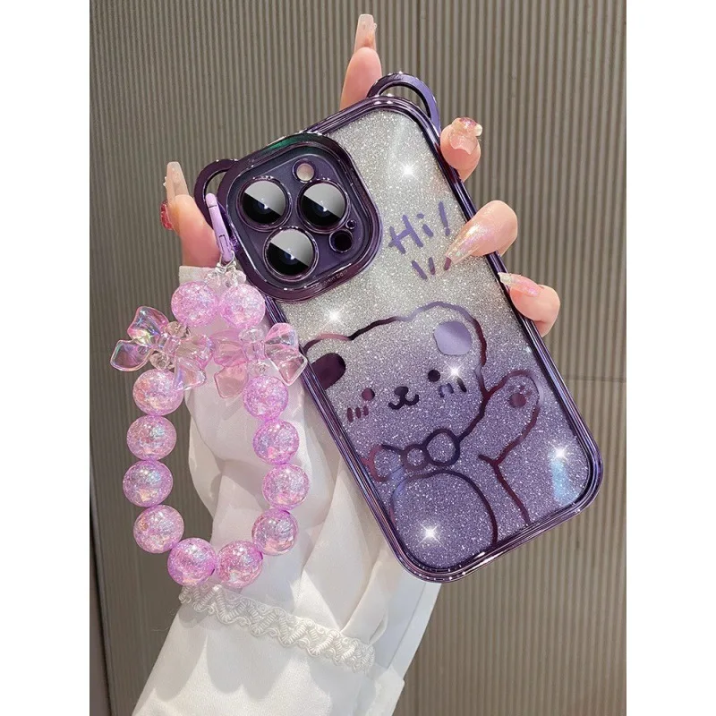 Sparkling Little Bear Bead Pendant Phone Case with Anti-Drop Chain Protection