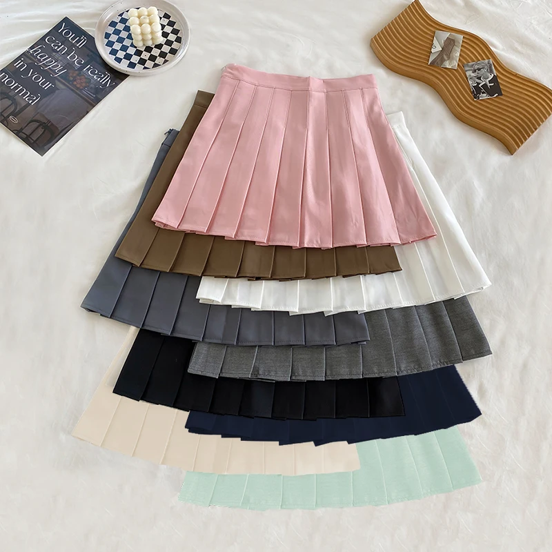 여성용 미디 무릎 길이 스커트, 한국 우아한 단추 하이웨이스트 스커트, 여성 플리츠 스쿨 스커트, 여름 가을 