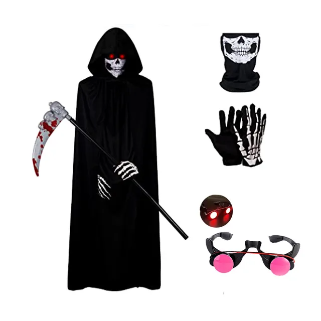 Halloween Scary Costume Grim Reaper Costume for Boys Kids Costume with Glowing Red Eyes with Gloves Mask 1