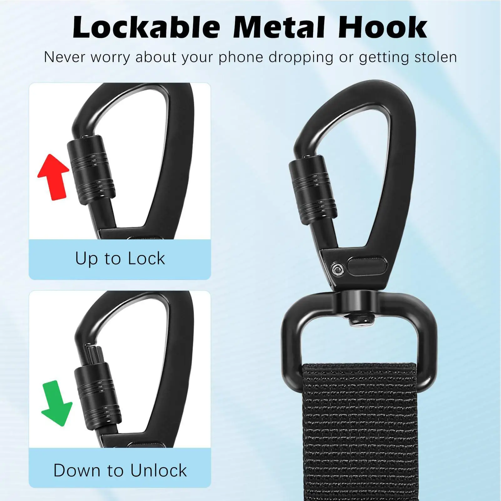 Retractable Anti-Theft Phone Lanyard with Locking Carabiner & 360° Rotating Hook