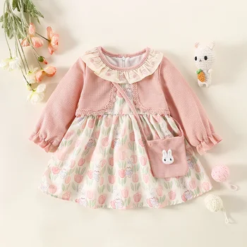 Autumn 2/piece set of girls' dress bag baby girl long sleeved cardigan spliced rabbit flower print dress fake two pieces