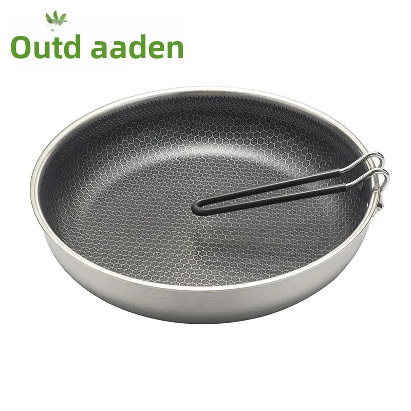 Outdoor Camping Non-Stick Hive Flat Bottomed Frying Pan Stainless Steel Cooking Pot Stir-Fry Camping Barbecue Grill C12/C13