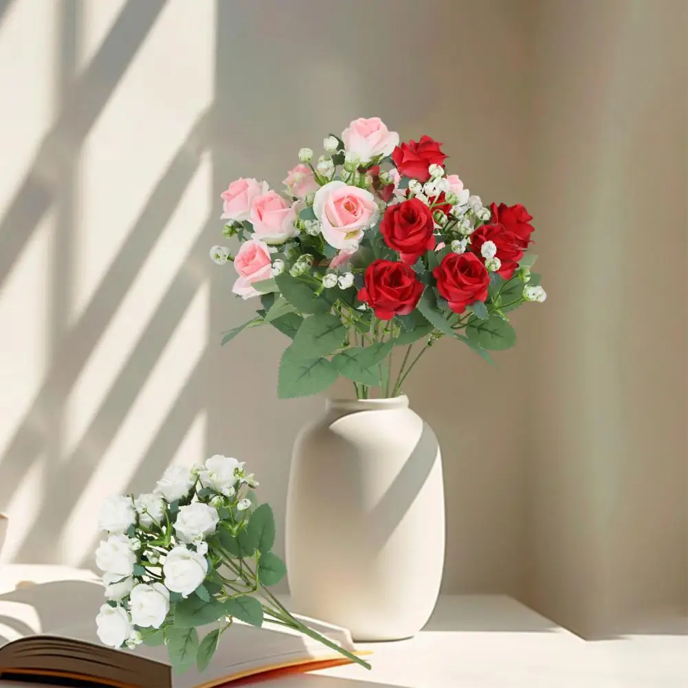 26cm Artificial Rose Flower Bouquet With Green Leaves Stem Realistic Reusable Faux Floral Plant Home Decoration Wedding Party