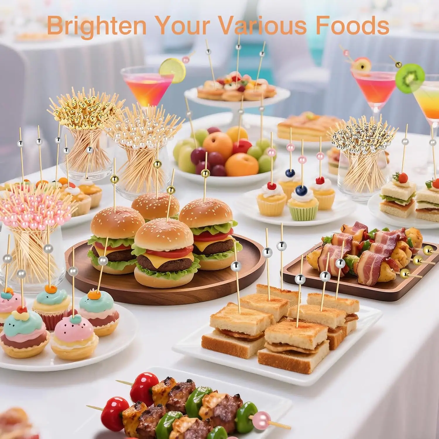 200 Cocktail Picks, Decorative Pearl Fancy Toothpicks for Appetizers, 4.7 IN Long Bamboo Skewers Wood Garnish Sticks for Food