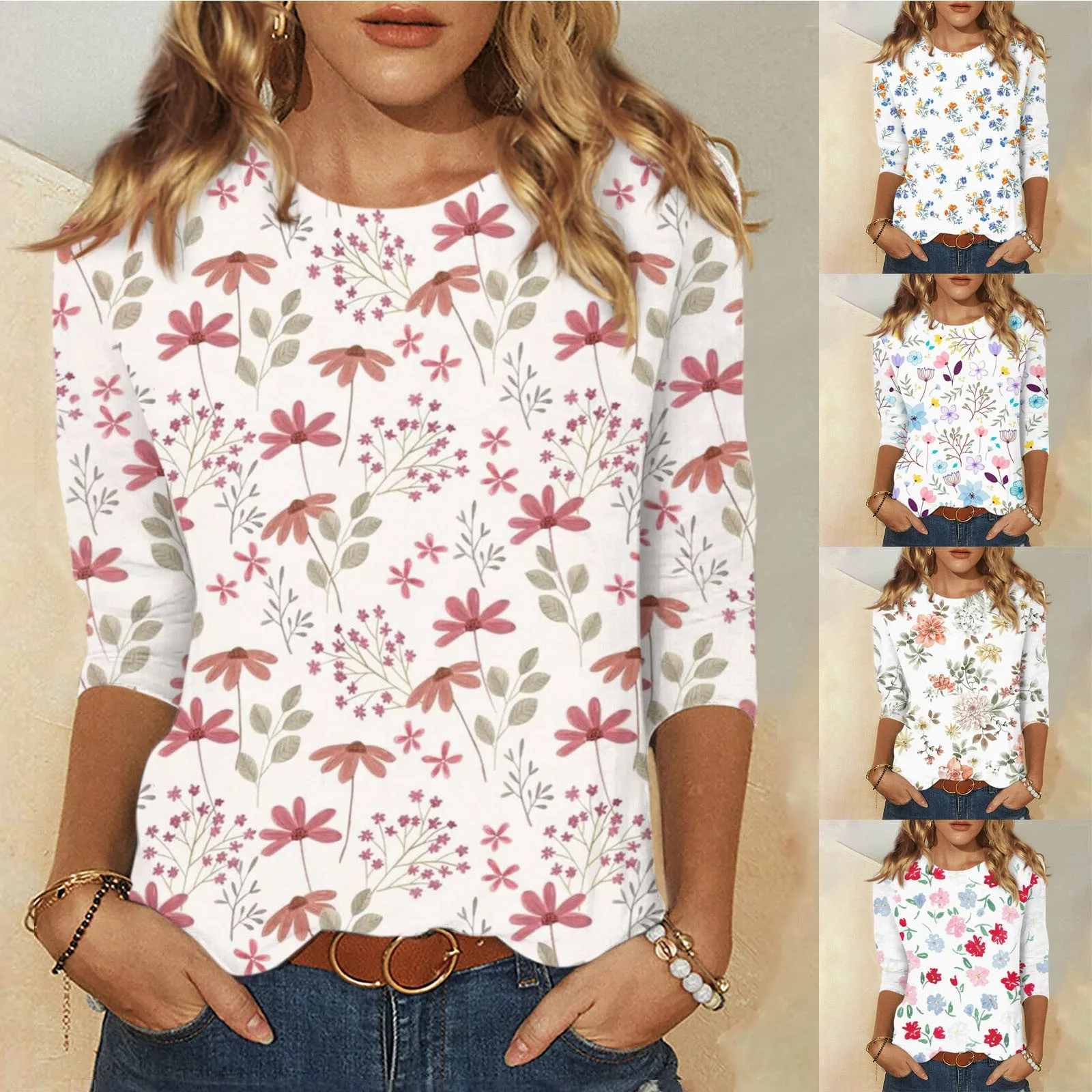 Women'S New Round Neck Fashion Print 3/4 Sleeves Floral Print T-Shirt Slim Top Casual Tops Clothes For Women Women'S Shirt