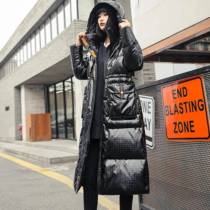 

2023 New Fashion Winter Down Jackets Women's Clothing Winter Long Bright White Duck Down Coats Hooded Warm Parkas Overcoats 01f