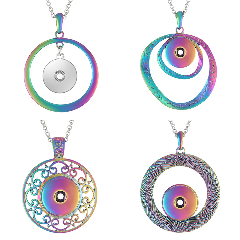 

New laser colorful Metal round style Hollow Flowers snap pendant necklace 60cm fit 18MM snap buttons snap jewelry