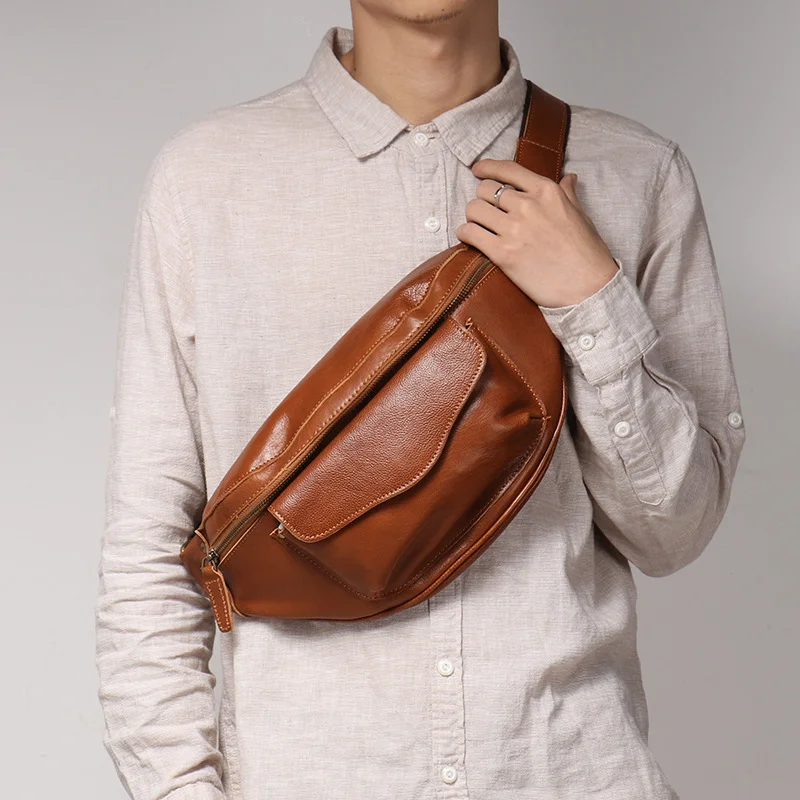 LUOKIR Retro-Leder-Herren-Brusttasche, lässige Umhängetasche aus pflanzlich gegerbtem Leder, Umhängetasche aus Rindsleder – Detail 3