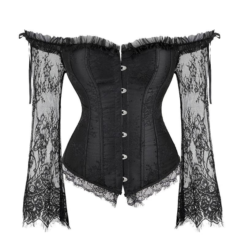 

Vintage Lace Up Waist Bustier Top Black Red Corselet Gothic Floral Long Sleeve Overbust Corset Steampunk