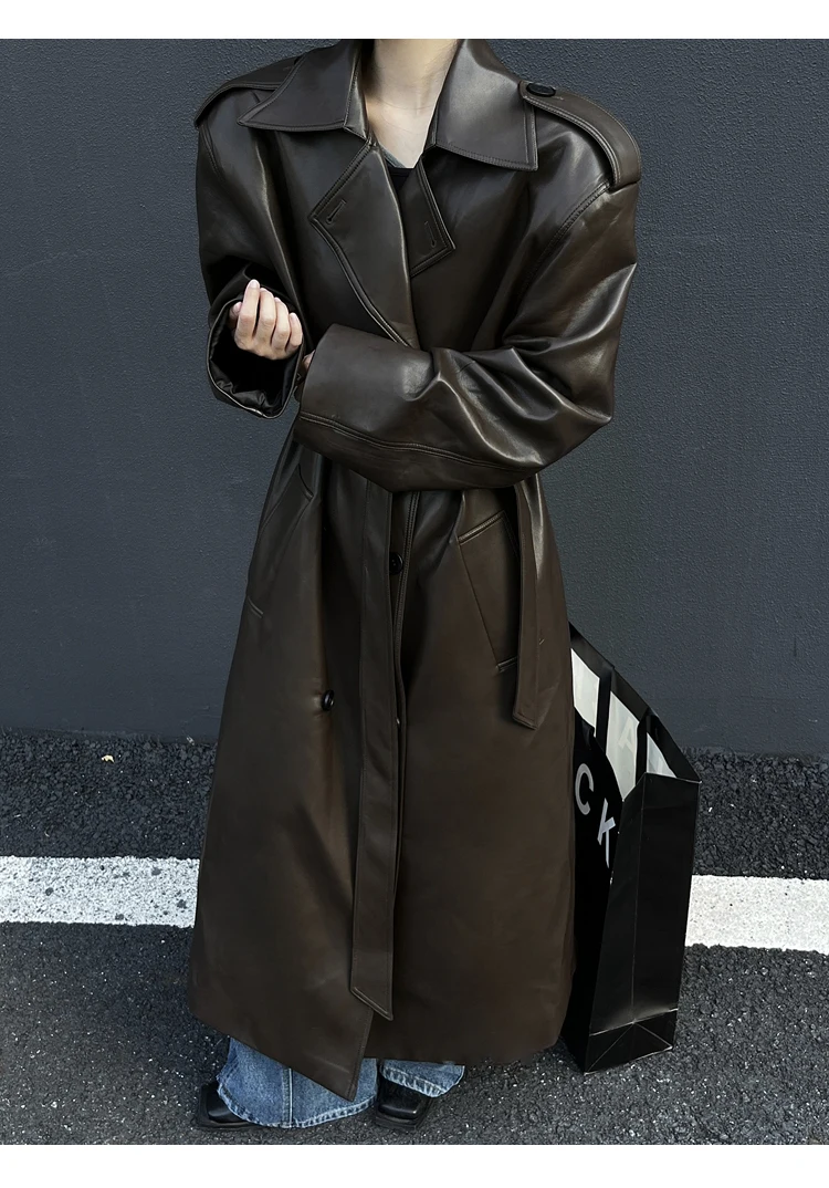 

2024 Spring Autumn Long Cool Oversized Brown Black Pu Leather Trench Coat for Women European and American Runway Fashion