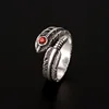 Retro Red Crystal Feather Ring For Men Silver Color Punk Gothic Rock Hiphop Open Ring Handmade Unisex Jewelry Bikers Accessories 1