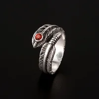 Retro Red Crystal Feather Ring For Men Silver Color Punk Gothic Rock Hiphop Open Ring Handmade Unisex Jewelry Bikers Accessories 1