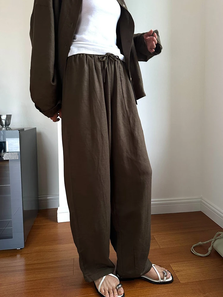 [LANMREM] Drawstring Design Linen Sunscreen Women's Pants High Wait Wide Leg Trousers Korean Clothing 2024 Summer New 26D9200