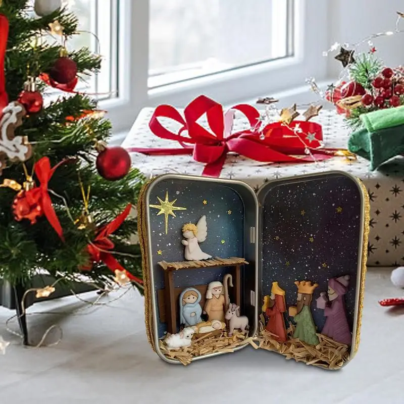 Christmas Manger Nativity Set Resin Figurines Tabletop Decoration Box Ornament Holy Family Religious Figurine