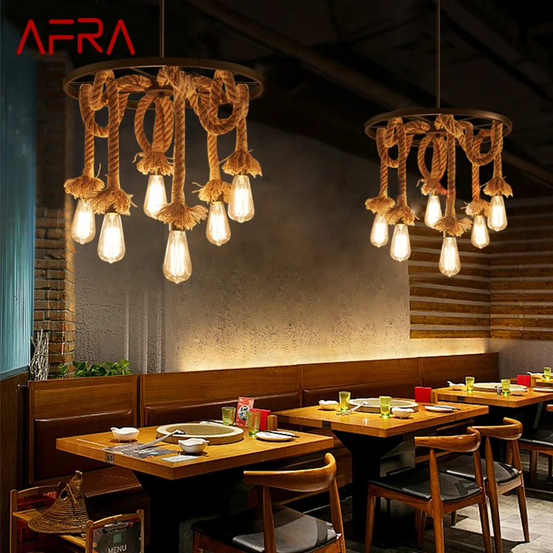 

AFRA American Style Retrohemp Rope Chandelier Nostalgic Loft Industrial Style Internet Cafe Restaurant Hot Pot Shop Pendant