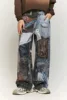 Streetwear Vintage Retro Jeans Man Patchwork Straight Loose Spliced Hole Full Length Denim Pants 1