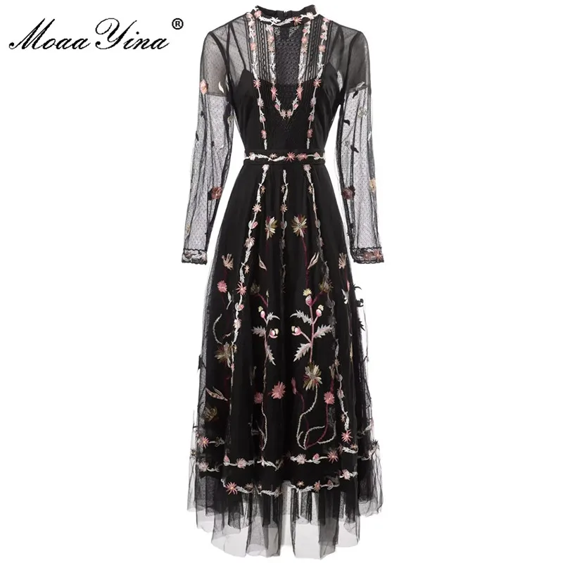 

MoaaYina Fashion Designer dress Summer Women's Dress Lace Long Sleeve Mesh Flower Embroidery Ruffled Edge Dresses