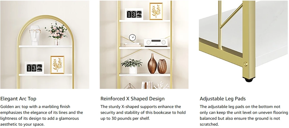 Description Picture 5 of itemUS  Bookshelf 5 Tier Bookcase Arched Display Racks Tall Standing Bookshelves Metal Frame Rustic Storage Rack Shelf Brown Book