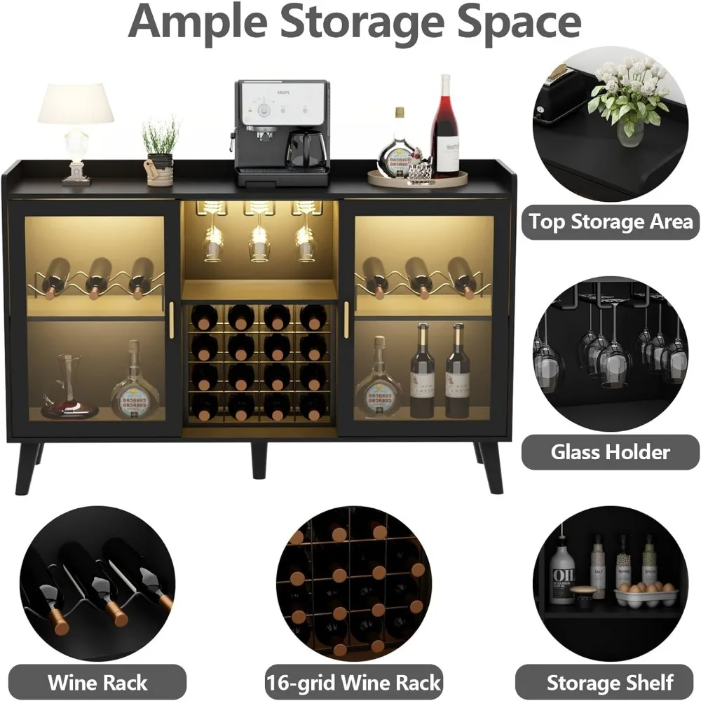 Wine Bar Cabinet with LED Light, Home Coffee Cabinet with Wine Rack and Glass Holder, Kitchen Buffet Sideboard W Storage Shelf