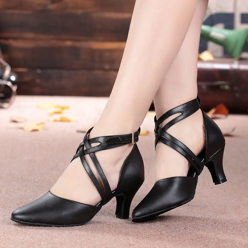 Latin Dance Shoes Women Adult High Heel Leather Square Dance Shoes Breathable Modern Soft Soled Ballroom Dancing Shoes 2